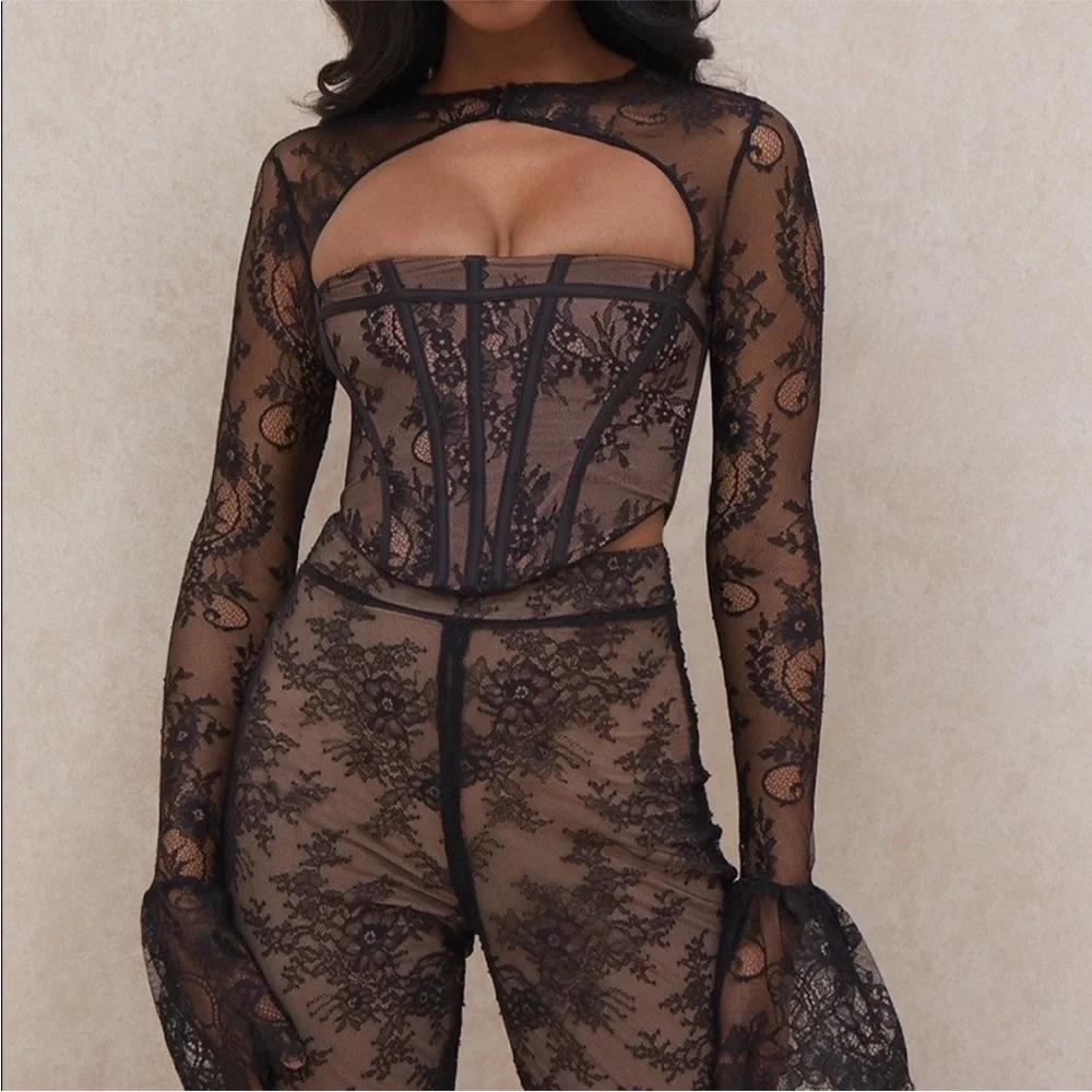 House of CB ‘Brielle’ Black Lace Peplum Sleeve Corset Top